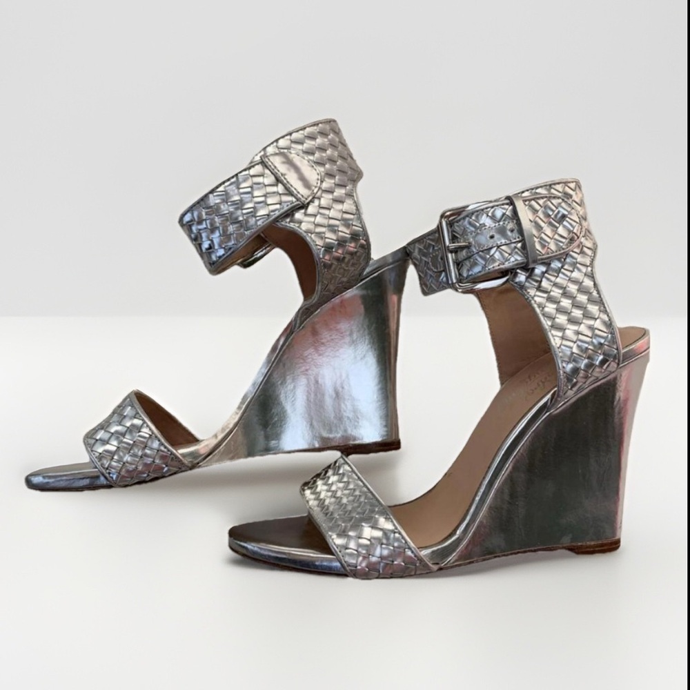 Alejandro Ingelmo Silver Wooven Wedge Sandals Genuine Leather Sz 7.5 Vero Cuoio